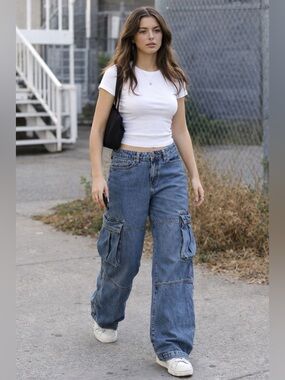 wild fable wide Blue Cargo Boyfriend Jeans